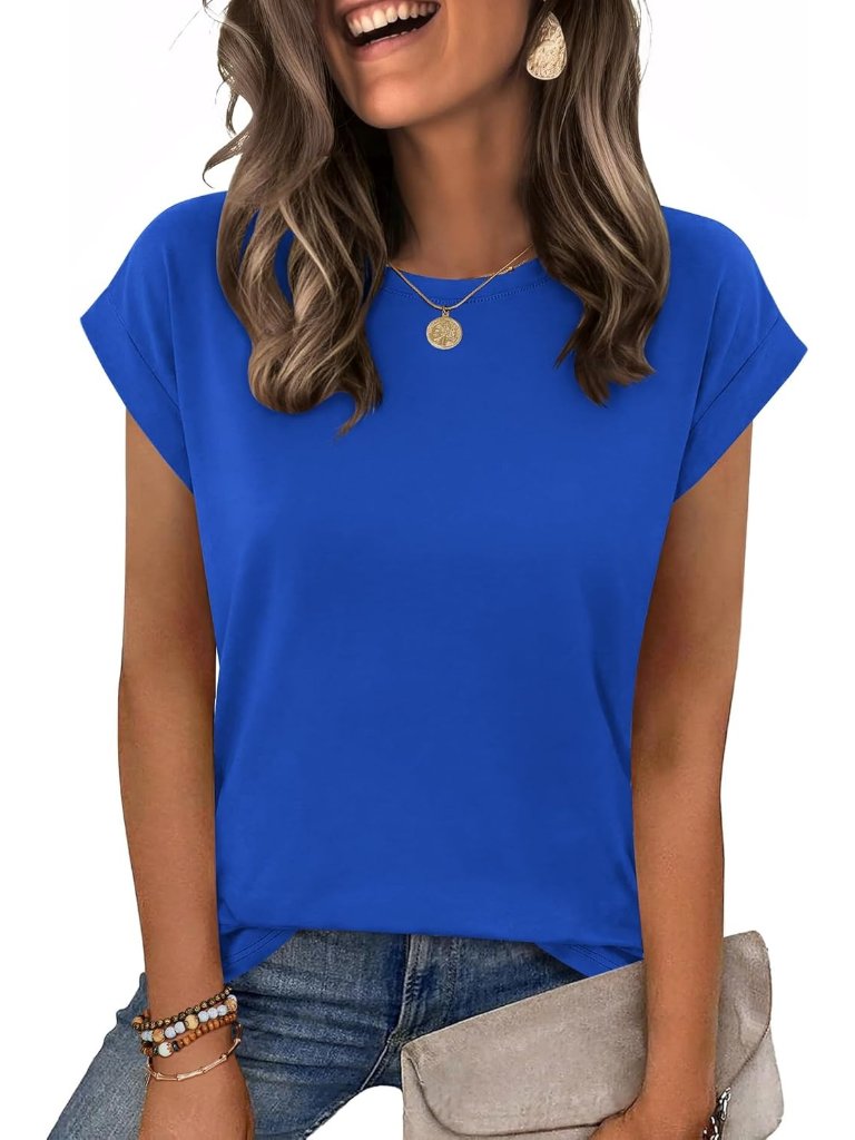 Women's Blue Casual Cap Sleeves Business Dressy Trendy Spring Fashion T Shirts
